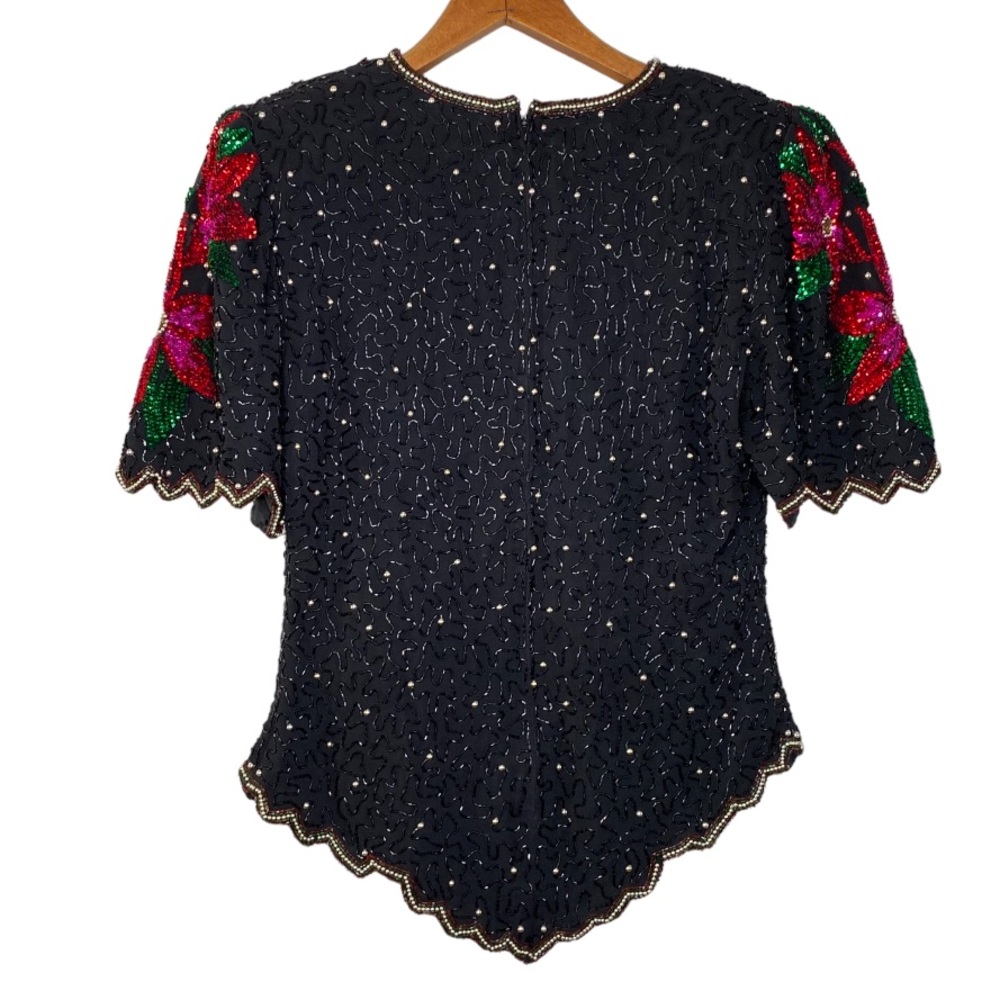 Vintage Christmas Holiday Poinsettia Beaded Sequin Embellished Top Size Large - Picture 2 of 9
